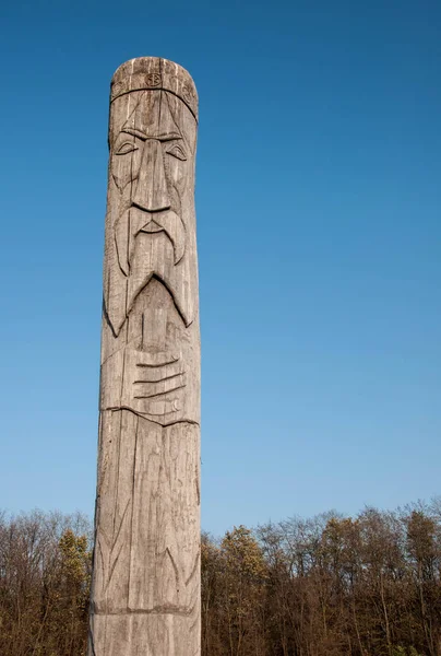 Ídolo Madera Dios Eslavo Svarog Sobre Fondo Cielo Azul —  Fotos de Stock