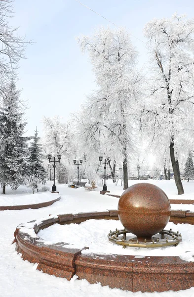 为您设计的冬季公园雪地喷泉 — 图库照片