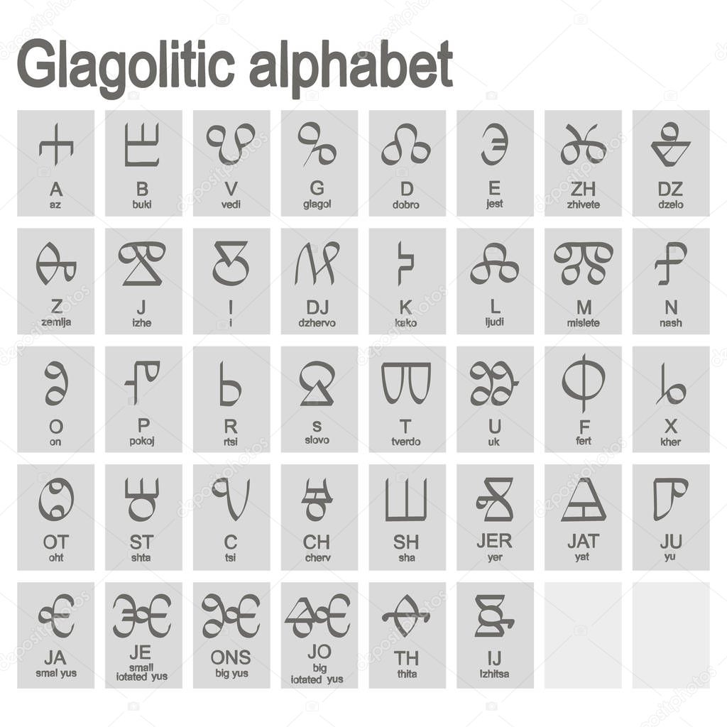 Set of monochrome icons with Glagolitic alphabet