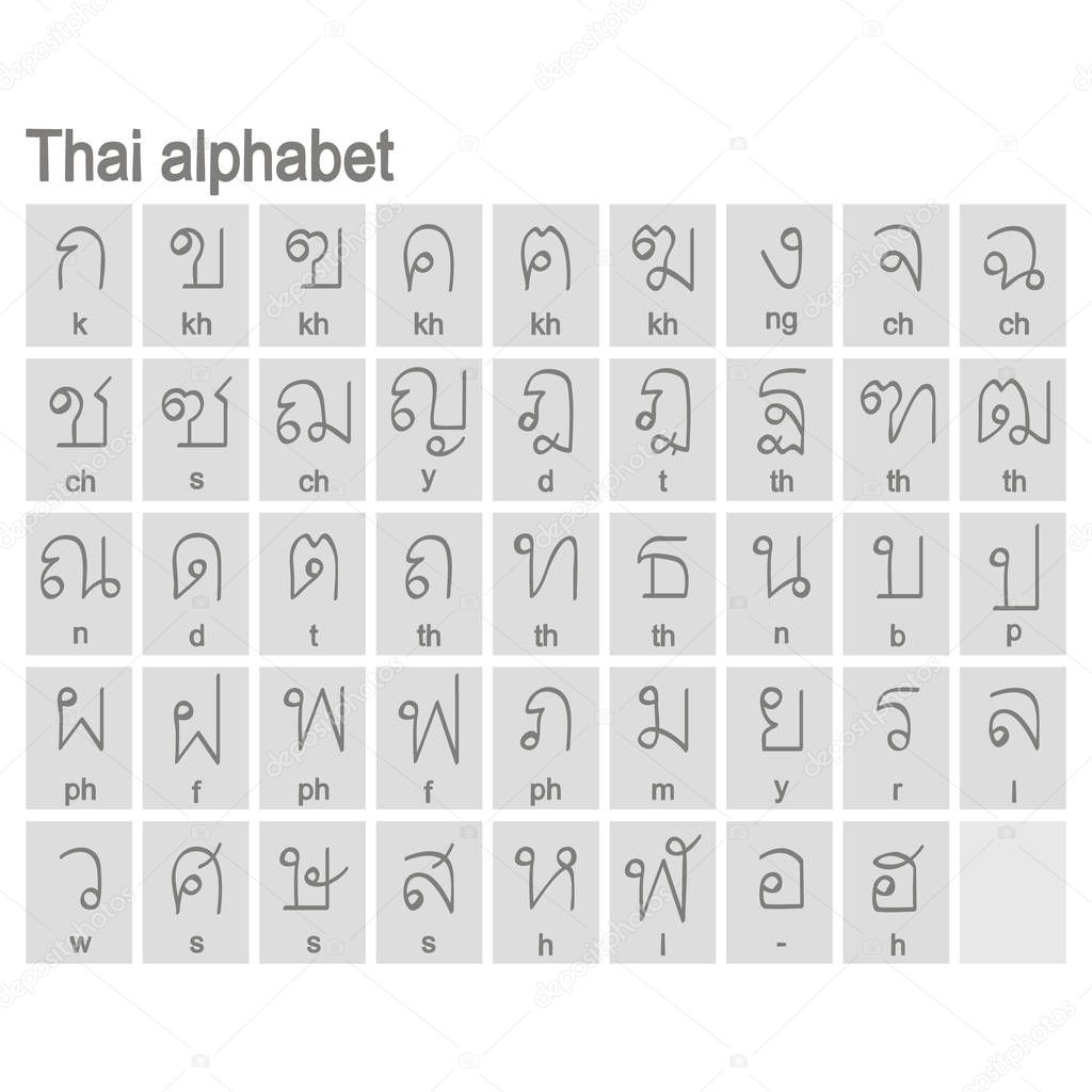 Set of monochrome icons with Thai alphabet