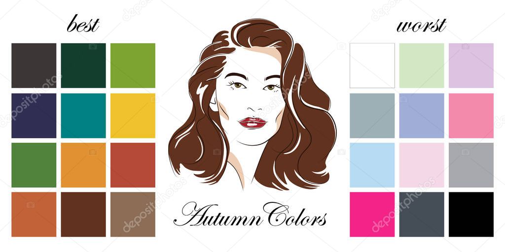 Stock vector seasonal color analysis palettes with best and worst colors for autumn type of female appearance. Face of young woman