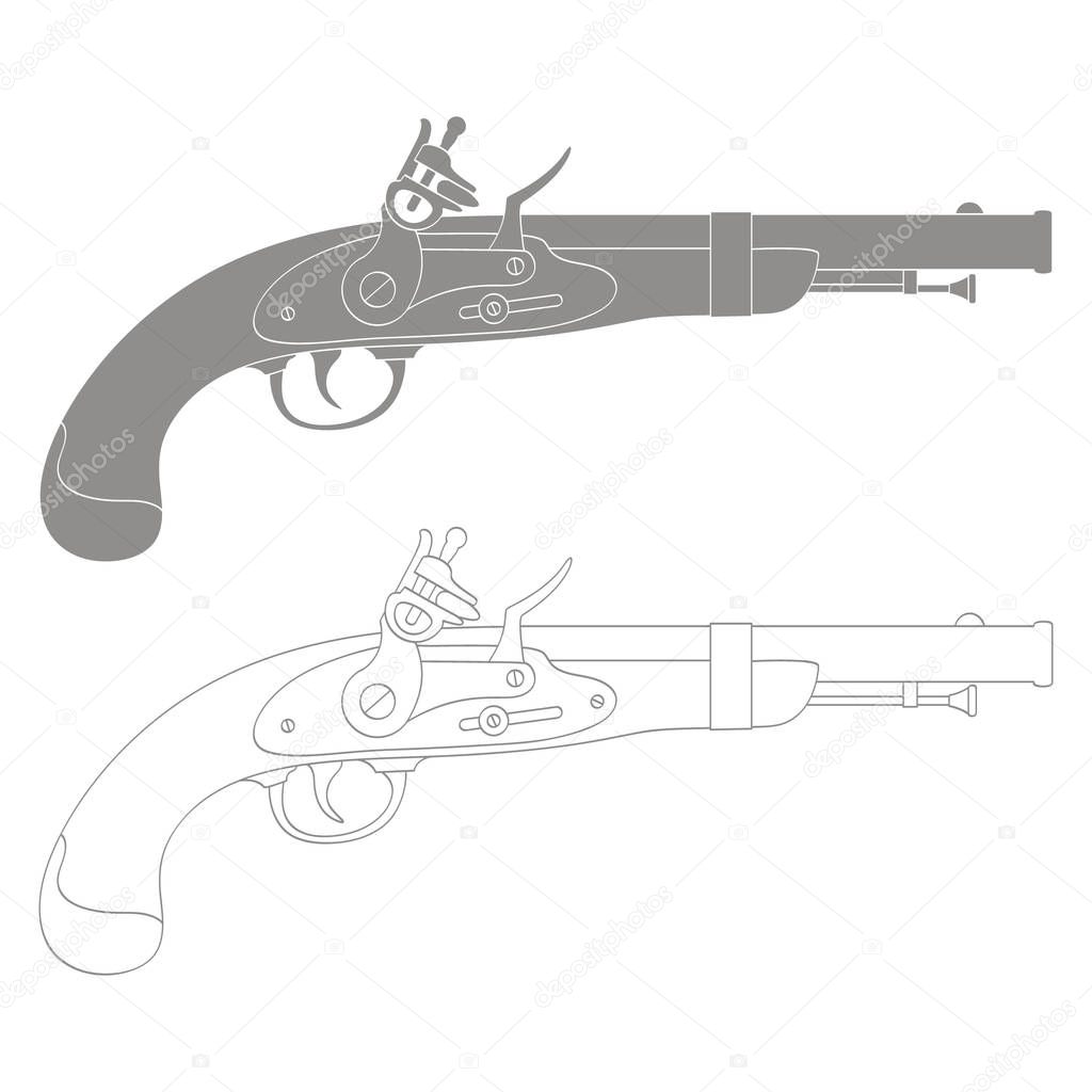 Vector monochrome icon with old  pistol gun