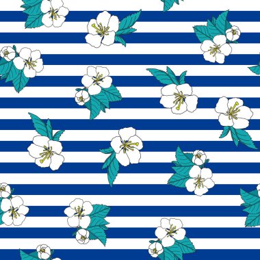 Ağ, kumaş, kağıt ve tüm baskılar için dizayn edilmiş çizgili arka planda kiraz çiçekleri ile stok vektörsüz desen