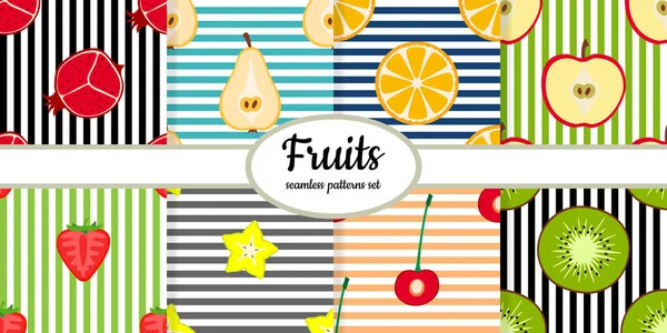 Colección Patrón Sin Costura Con Frutas Sobre Fondo Rayado Diseñado — Vector de stock