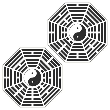 Bagua Trigramlı Vektör Yin ve Yang sembolü. İki varyant bagua düzenleme.