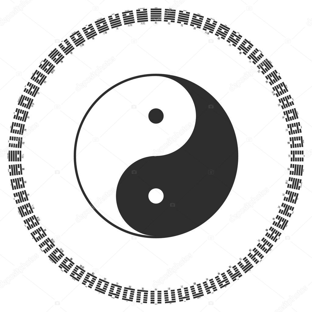 Vector Yin and Yang symbol with Diagram of I Ching hexagrams 