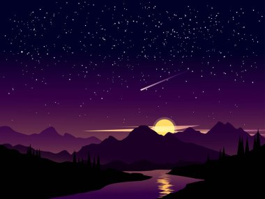 Yıldızlar ve kayan yıldızlarla dağda gece manzarası