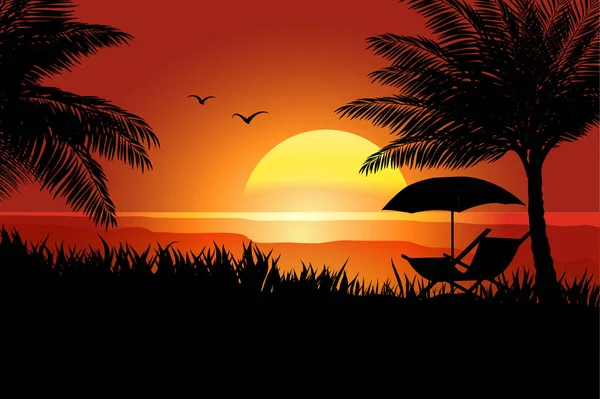 Coucher Soleil Sur Plage Avec Chaise Parasol — Image vectorielle