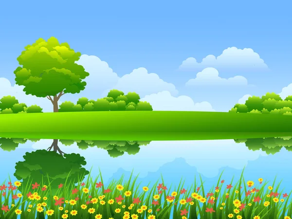 Beautiful vector landscape with river and flowers