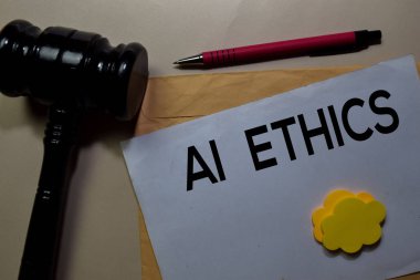 Kahverengi zarf ve steteskop üzerindeki Ai Etik metni. Sağlık hizmetleri ya da tıbbi konsept
