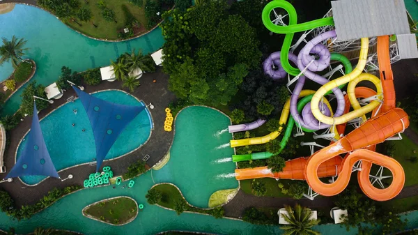 Aerial view of the open-air city swimming pool. Drone Shot view a blue pool at Bekasi - Indonesia. — ストック写真