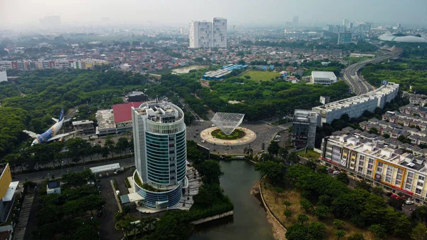 Bekasi, Indonesia, February 16 2020 : Aerial View or Drone Shot. Beautiful Residential area and apartment building in the morning — Stock Photo, Image