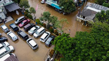 Sel baskınının havadan görüntüsü. Bekasi-Endonezya 'daki büyük doğal afetlerin ardından yıkım meydana geldi.