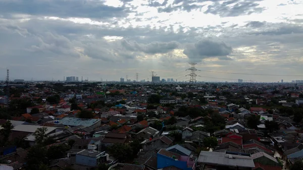 Aerial Pov Nézet Árvíz Ábrázolása Pusztítás Bekasi Indonéziában Bekövetkezett Súlyos — Stock Fotó