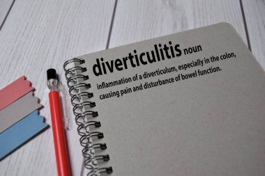 Definition of Diverticulitis word with a meaning on a book. dictionary concept clipart