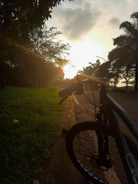 Güneşli Bir Öğleden Sonra Sonbaharda Bir Bisikletin Silüeti — Stok fotoğraf
