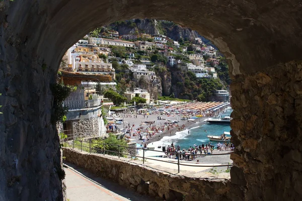 Positano Vista Desde Playa Costa Amalfi — Foto de Stock