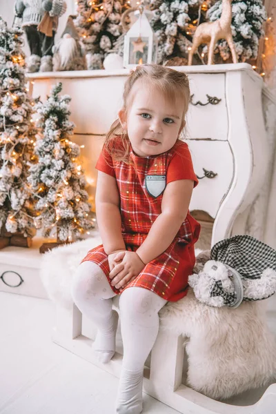 Menina pequena bonita com árvore de natal no fundo — Fotografia de Stock