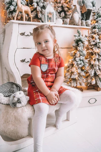 Hermosa niña con árbol de Navidad en el fondo —  Fotos de Stock