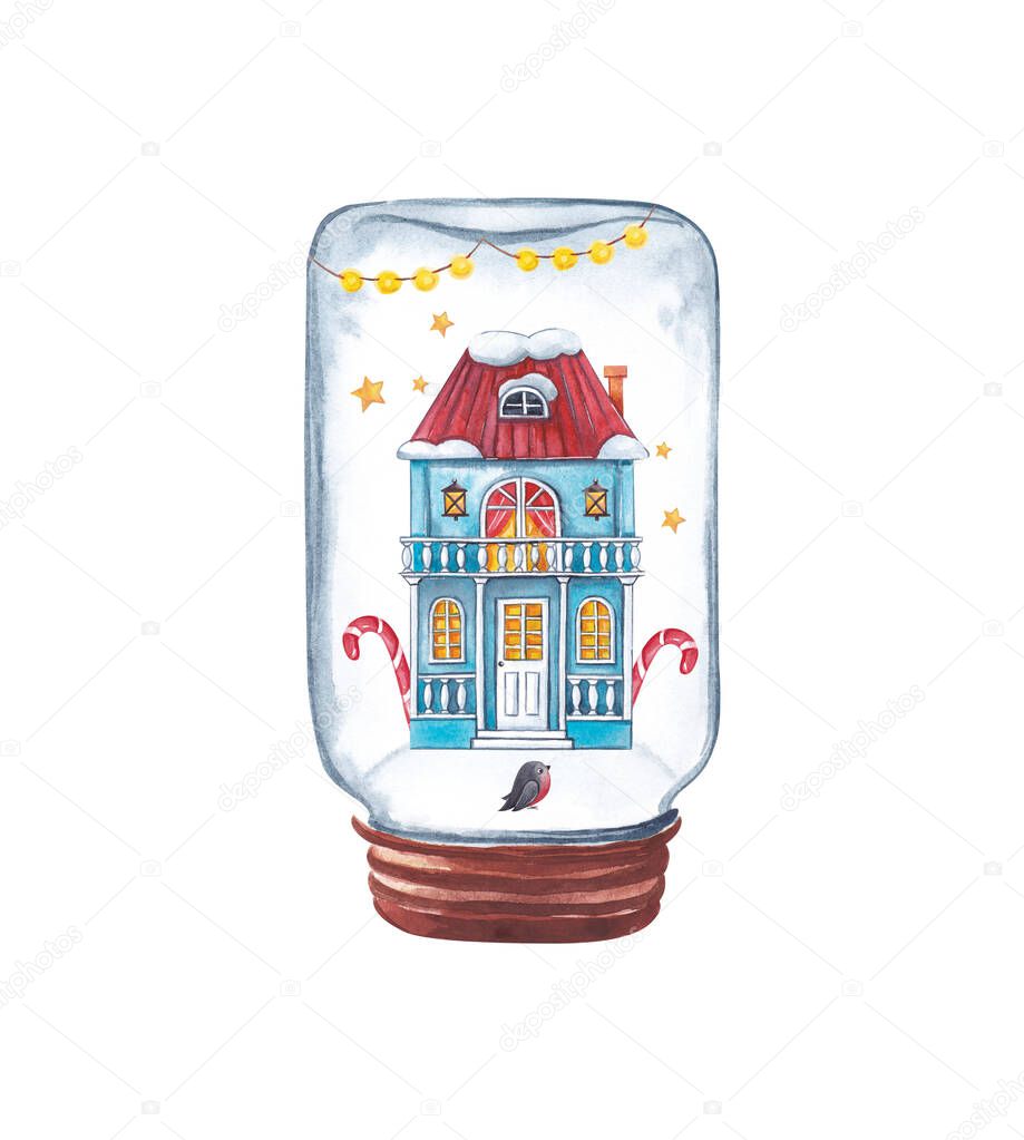 Watercolor illustration. A fabulous Christmas story. Inverted can with a small house and candies inside.