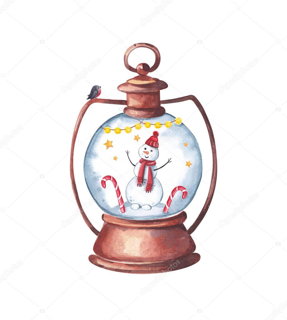 Watercolor illustration. Fairytale plot. Old kerosene lamp with a snowman and lollipops inside.