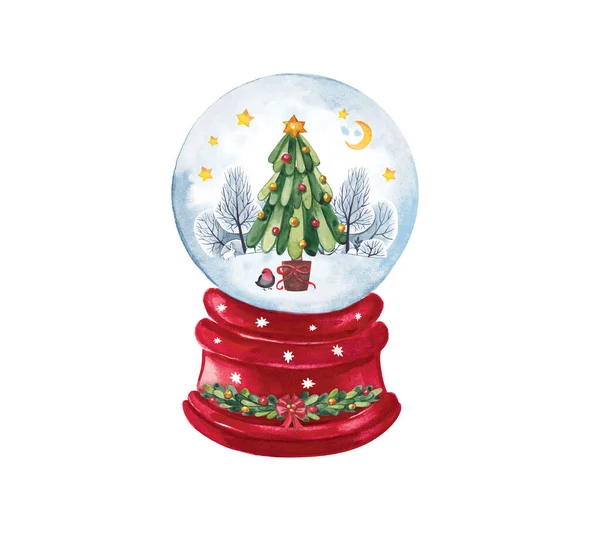 Ilustración en acuarela. Bola de nieve con árbol de Navidad sobre fondo blanco . — Foto de Stock