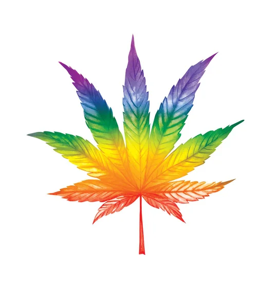 Illustration aquarelle. Feuille de marijuana multicolore sur fond blanc . — Photo