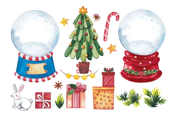 Ilustração aquarela. Um grande conjunto de bolas de neve e decorações de Natal. No jogo há uma lebre, uma árvore de Natal decorada, presentes, um pirulito, estrelas, uma grinalda . — Fotografia de Stock