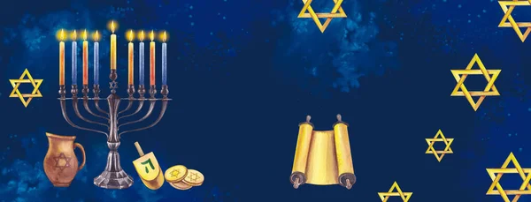 Hanukkah menorah com velas, moedas, jarro, estrelas de David em um fundo escuro. Férias judaicas. Tradições de Israel. Ilustração aquarela . — Fotografia de Stock