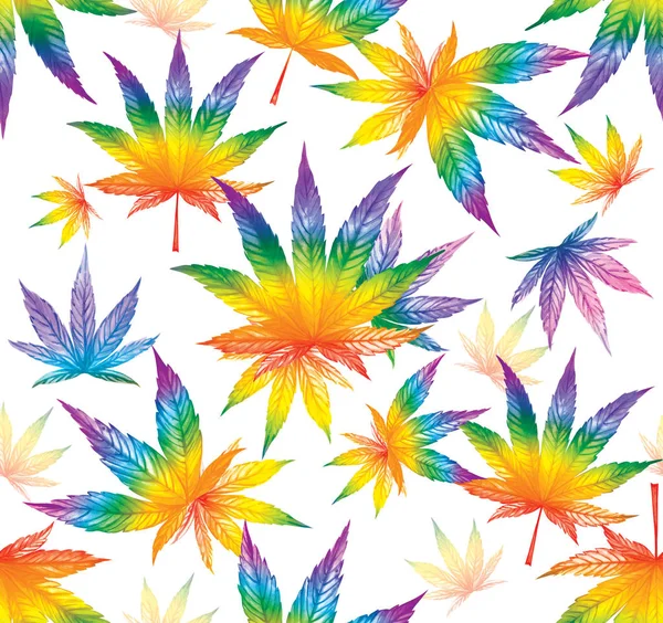 Ilustração aquarela. Padrão de folhas coloridas de cannabis em um fundo branco . — Fotografia de Stock