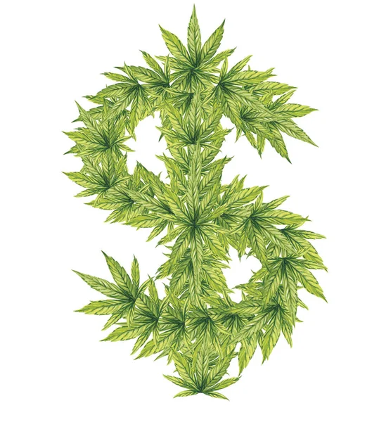 Folhas de cannabis verde na forma de um dólar. Ilustração aquarela sobre um fundo branco . — Fotografia de Stock