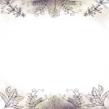 Suluboya çizimi. Çiçek desenli kare çerçeve suluboya arka plan. Merkezde metin için bir yer var.