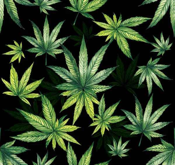 Pattern of green leaves of cannabis on a black background. Watercolor illustration. — Stock Photo, Image