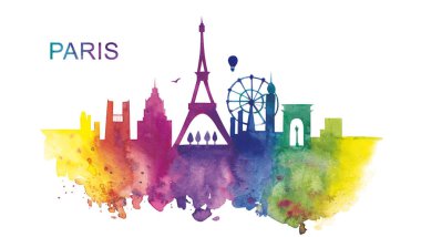 Suluboya çizimi. Eyfel Kulesi ve dönme dolabı olan Paris şehri manzarası. Gökkuşağı Şehri.