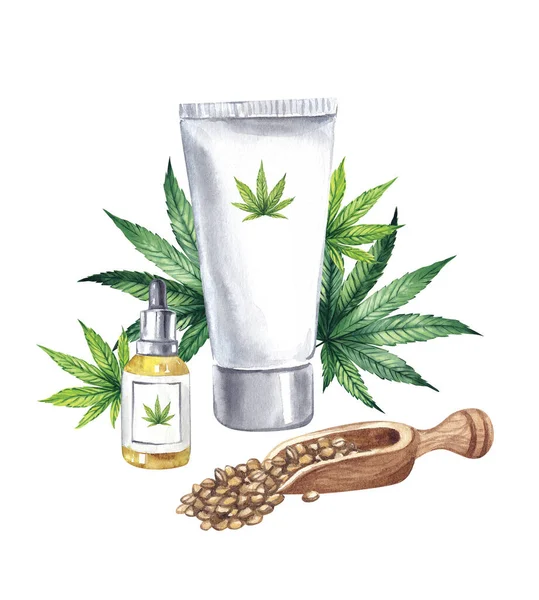 Ilustración de acuarela con semillas, aceite y crema de cannabis sobre un fondo de hojas . —  Fotos de Stock