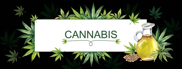 Aquarell-Banner mit Cannabisblättern, Cannabissamen und einem Krug Öl. Das Banner ist auf schwarzem Hintergrund. — Stockfoto