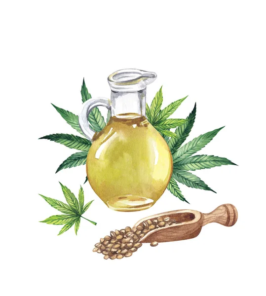 Watercolor illustration. Glass jug with cannabis oil and a wooden scoop with seeds. In the background cannabis leaves. — Stock Photo, Image