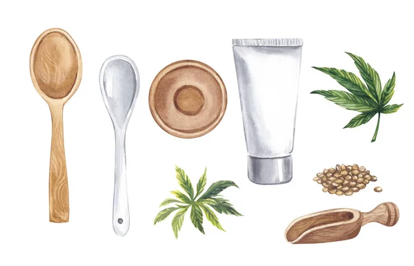 Akvarell illustration. En uppsättning kosmetiska föremål - en keramisk sked, en träsked, ett rör för grädde, en skål, en trä skopa, hampa frön och dess blad. — Stockfoto