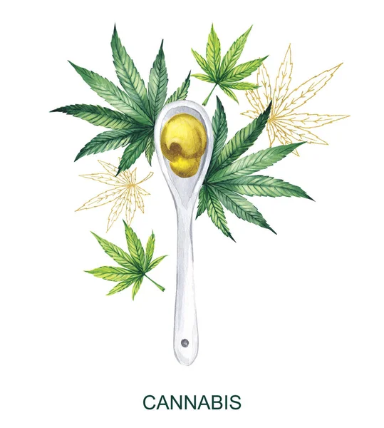 Aquarell-Illustration. Cannabis-Creme in einem weißen Keramiklöffel auf einem Hintergrund aus Cannabisblättern. — Stockfoto