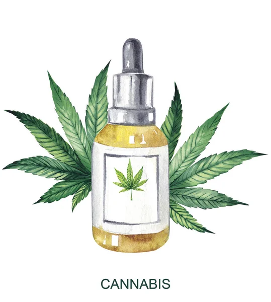 Akvarell illustration. Glasburk med hampaolja. Medicinsk marijuana. — Stockfoto