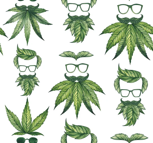 Akvarellmönster. Manliga ansikten gjorda av cannabisblad på vit bakgrund. — Stockfoto