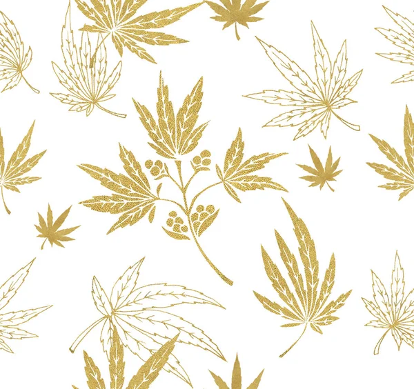 Pattern with golden plants and cannabis leaves on a white background. — Stock Photo, Image