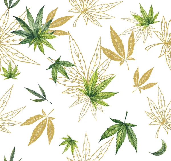 Ein Muster aus grünen und goldenen Marihuana-Blättern auf weißem Hintergrund. Aquarellillustration. — Stockfoto