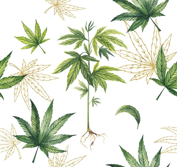 Un modello di foglie verdi e dorate e piante di marijuana su sfondo bianco. Illustrazione ad acquerello . — Foto Stock