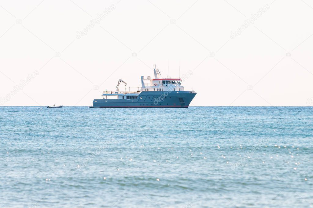 Offshore special purposes sea vessel in the Tyrrhenian sea waters near the Porto Ercole in the Province of Grosseto, Tuscany
