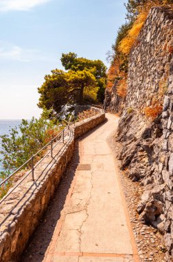 Kayalık dağın kıyısındaki manzara güvertesi ve Positano 'daki Tyrhenian deniz körfezi. Kayalık kıyılarda yüzen tekneler
