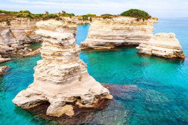Torre Sant Andrea plajı yumuşak nasırlı kayaları ve uçurumları, deniz yığınları, küçük koyları ve pürüzlü kıyı manzarasıyla. Kristal berrak su şeklindeki beyaz taş doğal yığınlar oluşturur. Melendugno İtalya