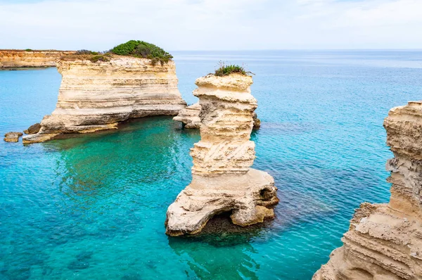 Παραλία Torre Sant Andrea με τα μαλακά ασβεστολιθικά βράχια και γκρεμούς, τις θαλάσσιες στοίβες, τους μικρούς όρμους και το ακανόνιστο παραθαλάσσιο τοπίο. Κρύσταλλο καθαρό σχήμα νερού λευκή πέτρα δημιουργούν φυσικές στοίβες. Melendogno Ιταλία — Φωτογραφία Αρχείου