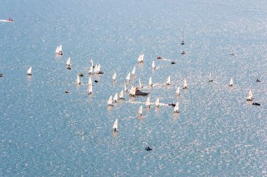 Yelkencilik eğitimine yukarıdan bak. Birçok yelkenli, gölün mavi sularında pratik yapar. Bir grup sporcu, beyaz yelkenliler, güçlü rüzgar, güneşli bir gün..