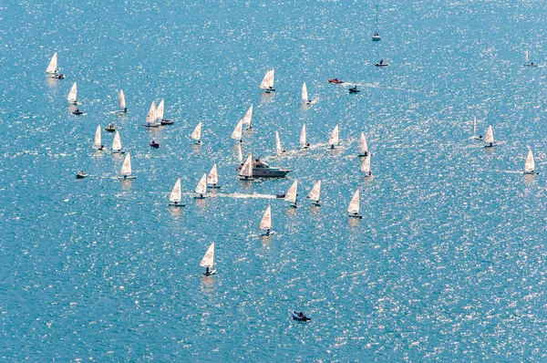 Uitzicht van bovenaf op zeiltraining. Veel zeilboten oefenen op het blauwe water van het meer. Groep sporters, witte zeilen, sterke wind, zonnige dag. — Stockfoto